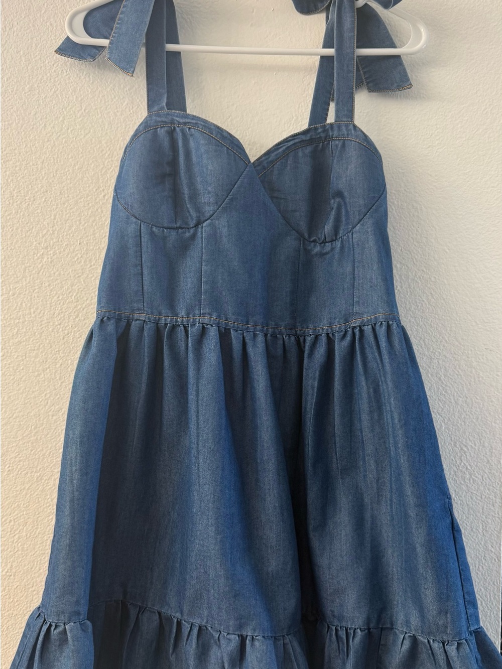 Denim Mini Dress with Tie-Shoulder Straps - Blue